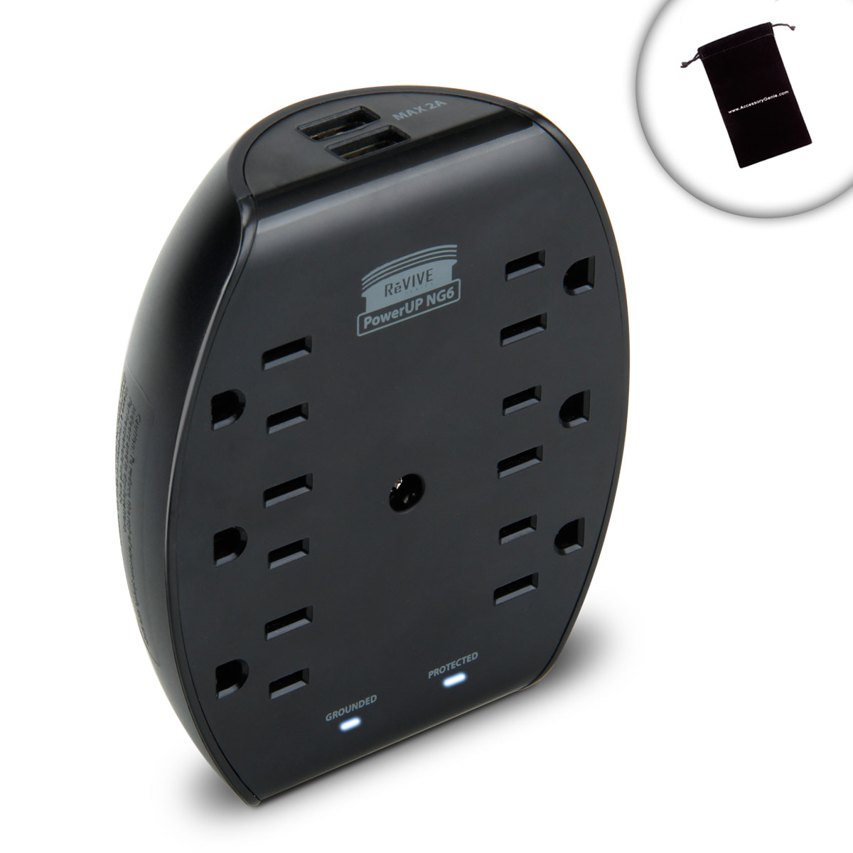 ReVIVE 6Outlet Grounded InWall Adapter with Dual USB and Overload