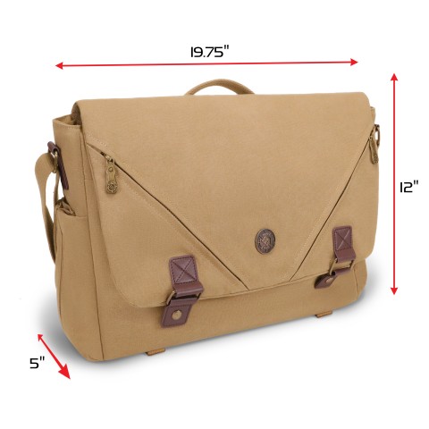 ENHANCE Tabletop Canvas Messenger Bag - Messenger Bag with Vegan Leather Accents - Tan