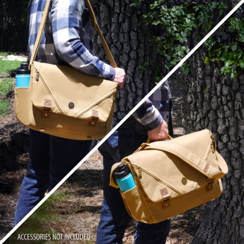 ENHANCE Tabletop Canvas Messenger Bag - Messenger Bag with Vegan Leather Accents - Tan