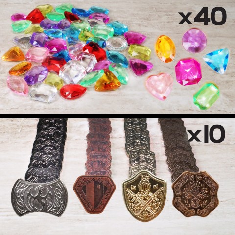 Treasure Token Set - 40 MTG Tokens (x10 Each) with Acrylic Gems (40+) and Pouch - Multicolor