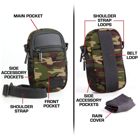 Compact Camera Bag with Waterproof Rain Cover , Belt Loop & Shoulder Strap  Sling - Camo Green